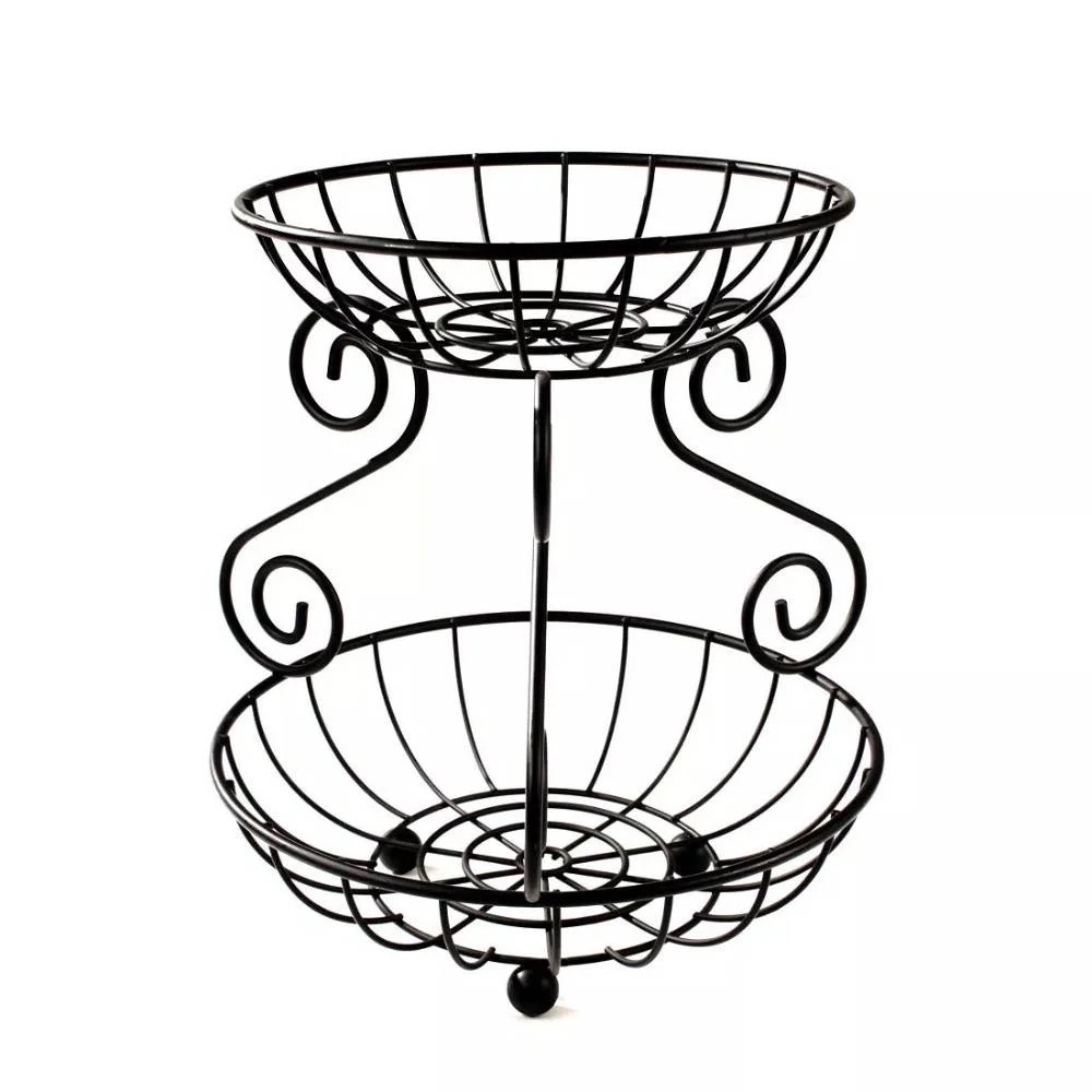 Spectrum Scroll 2 Tier Fruit Basket Stand Decorative Stacked Fruit Tower Black